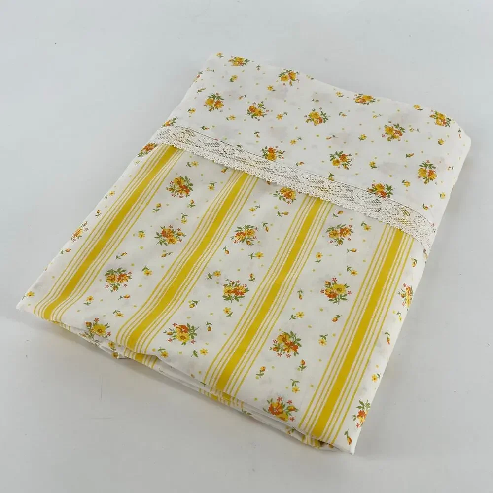 70s Cottagecore Yellow Striped Floral Sheet 1970s Vintage Queen Flat